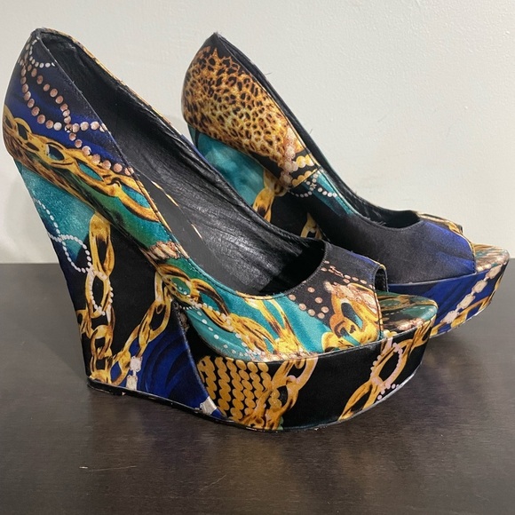 ALDO Platform peep-toe Retro Y2K leopard & gold chain print satin feel size 9 - Picture 3 of 14